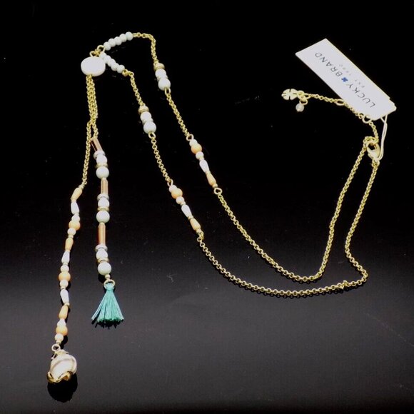 Lucky Brand Lariat Necklace Gold-Tone Bead Shell Fringe Orange Blue - Picture 1 of 3